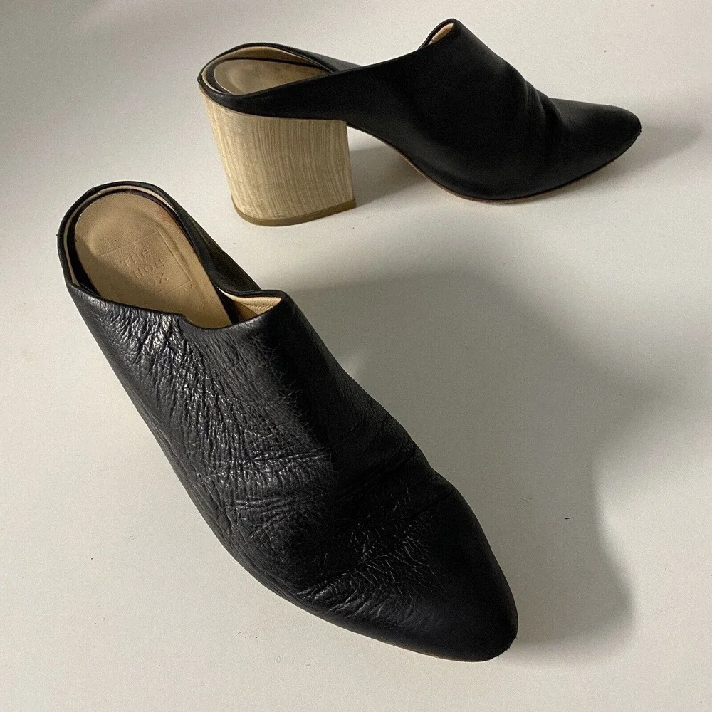The Shoe Box Black Slip On Leather Almond Toe Mule Block 3